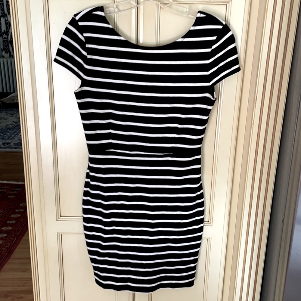 Knit black and white striped dress